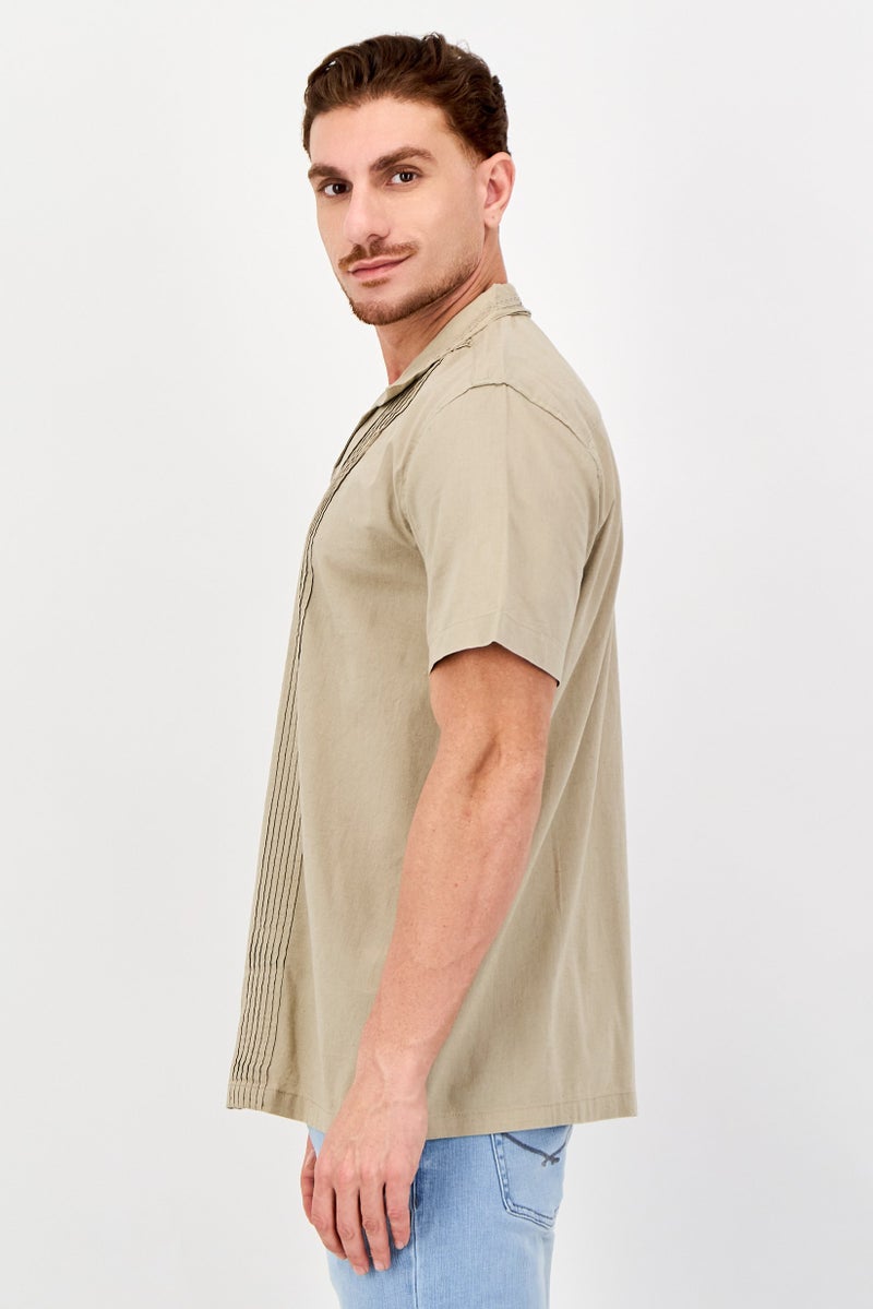 Threadbare Men Regular Fit Pleated Short Sleeve Casual Shirt, Khaki - Image 4